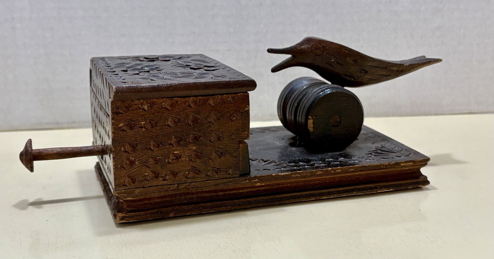 Vintage Carved Wood Pecking Bird Mechanical Cigarette Dispenser - Video Vintage Carved Wood Pecking Bird Mechanical Cigarette Dispenser - Video