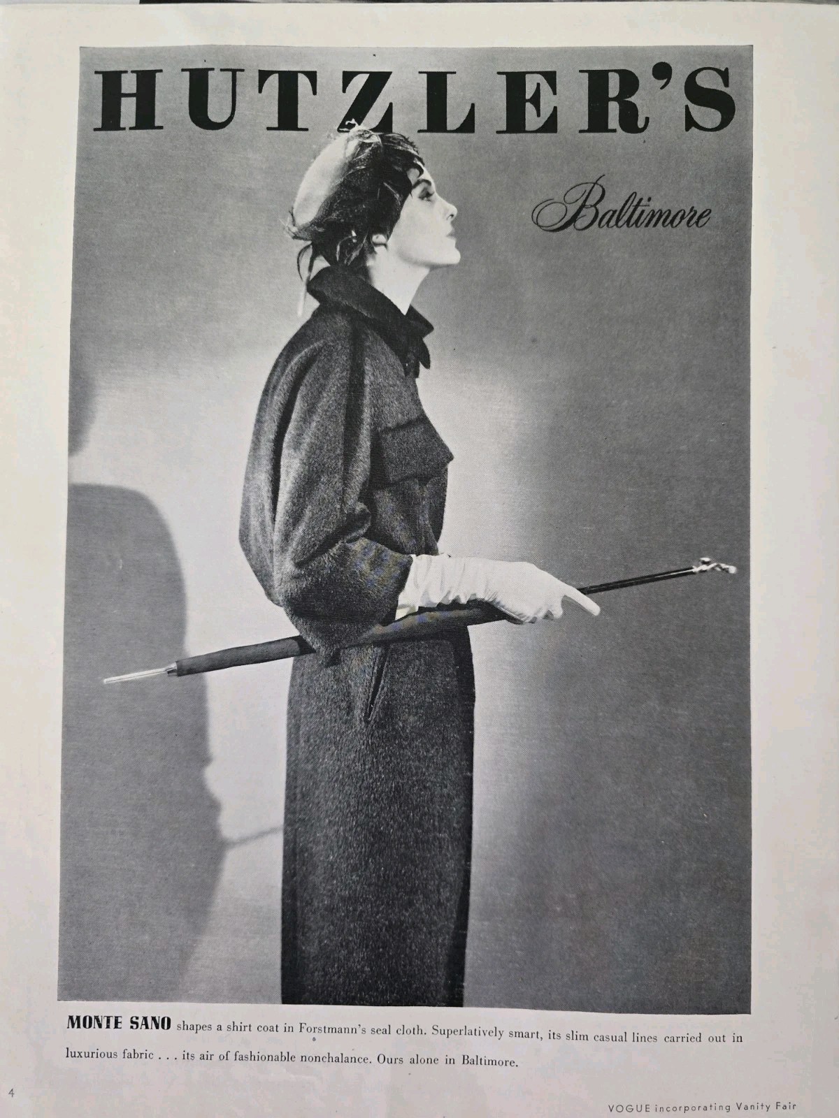 1955 Women's Monte Sano Shirt coat umbrella Hutzler's Baltimore MD vintage ad 1955 Women's Monte Sano Shirt coat umbrella Hutzler's Baltimore MD vintage ad