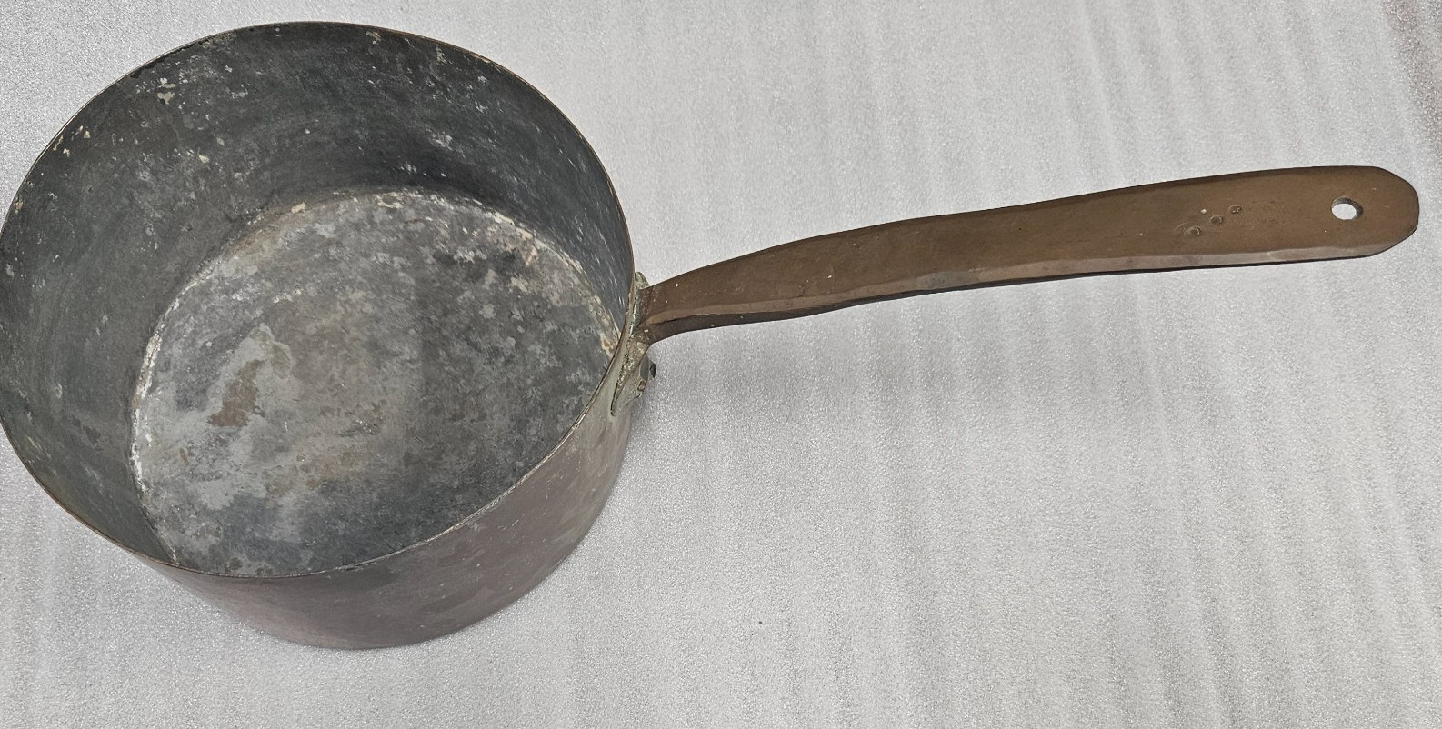 Antique French 8 in Diameter x 4.5 in High Copper Pan Long Copper Handle