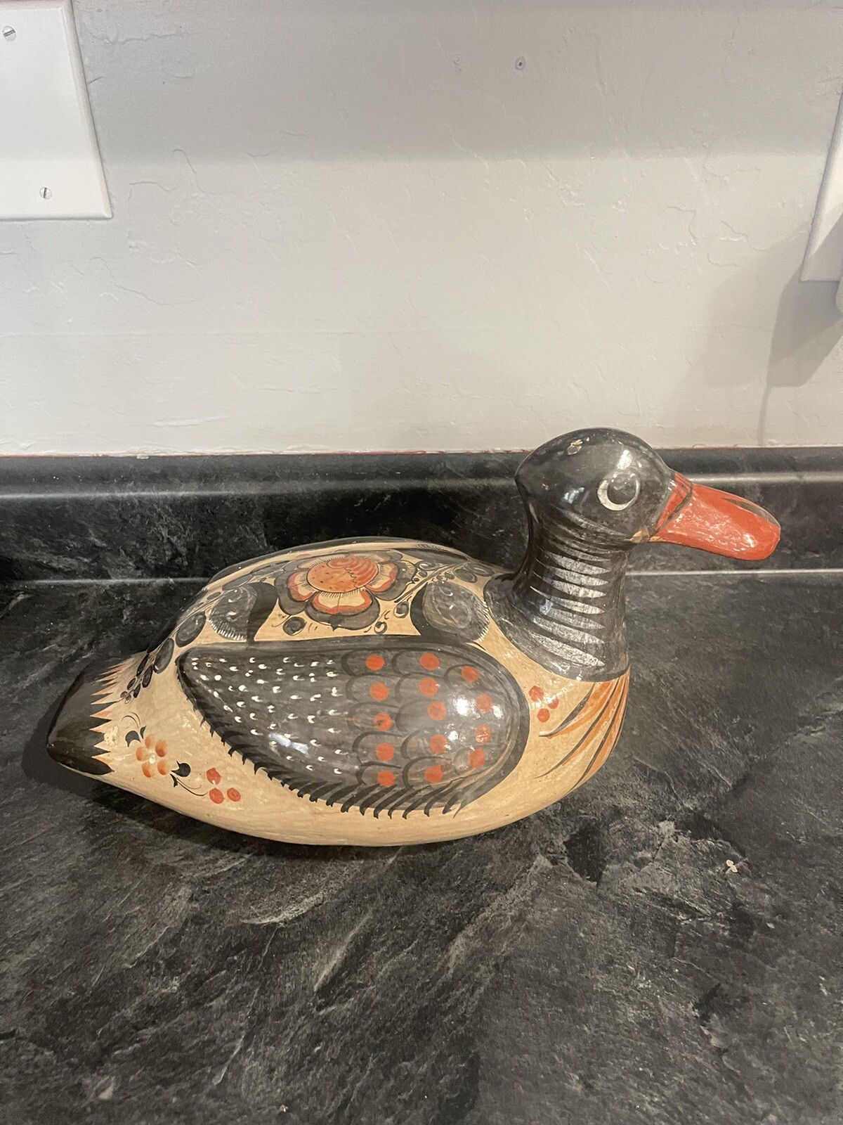Vintage Tonala Mexican Pottery Floral Detailed Duck 16” Length