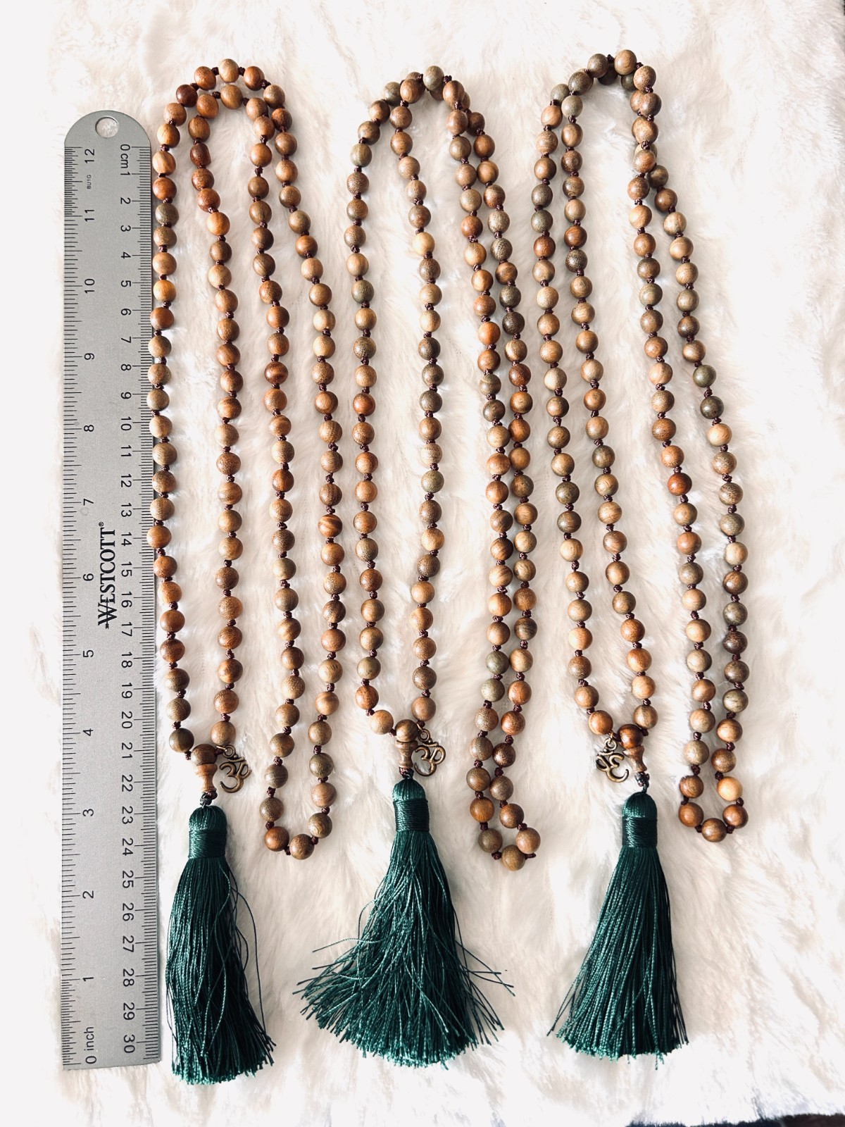 3 Mala prayer bead necklaces natural stones and green tassels lot #1006