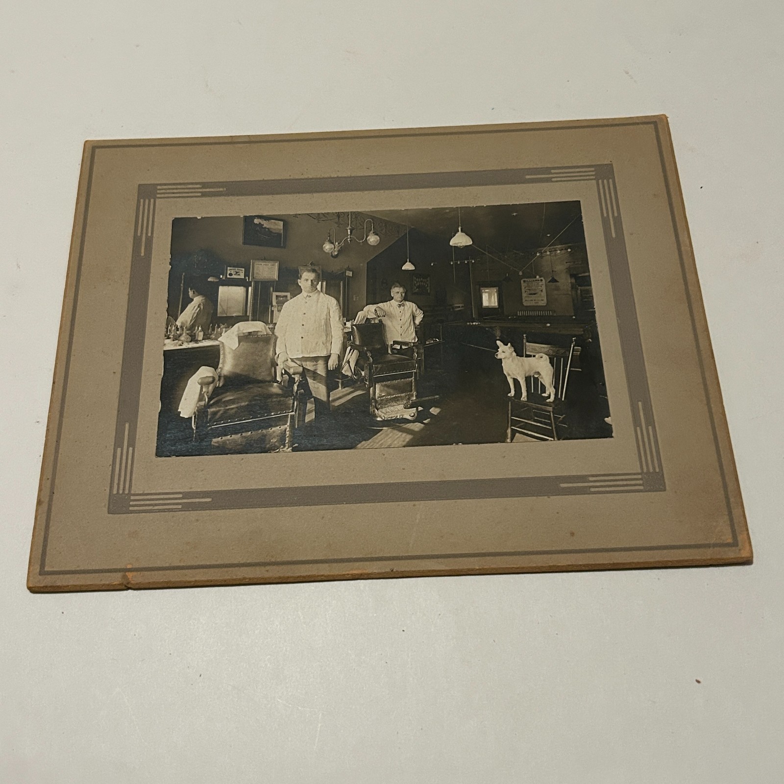 Antique Barber Shop Union Occupational Chair Victorian Cabinet Card Photo Dog