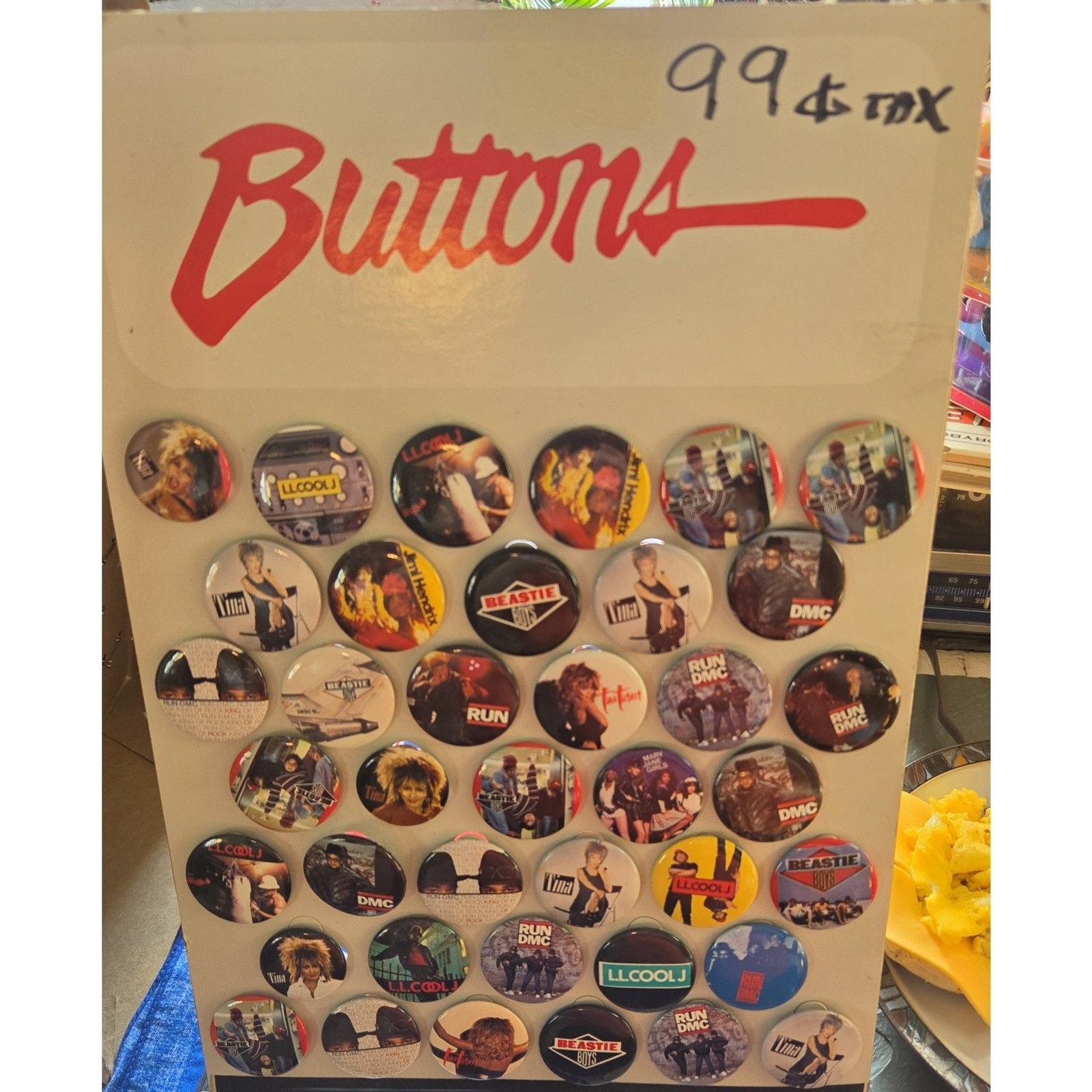 VINTAGE 1980S COUNTER DISPLAY RAP AND ROCK PINS BUTTONS (39) WITH STAND