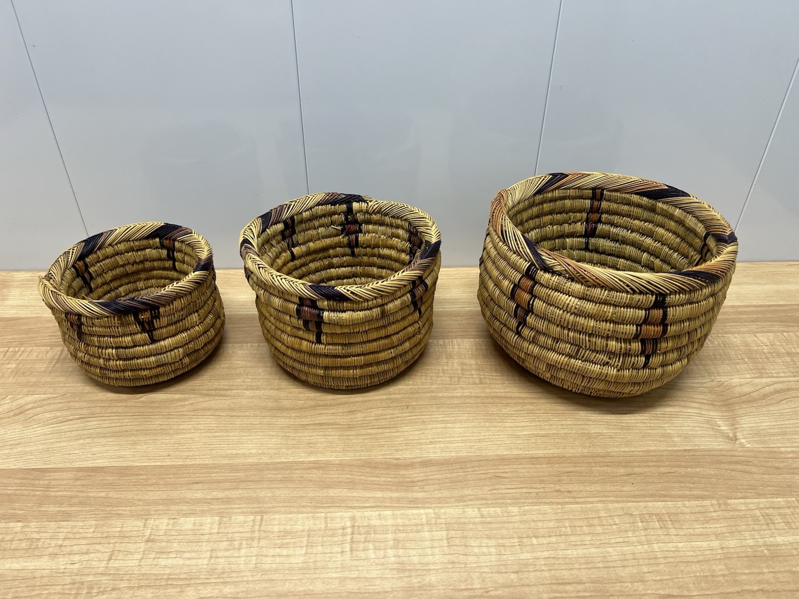 Vintage Native American Style Coiled Nesting Baskets Set of 3 Hand Woven Boho