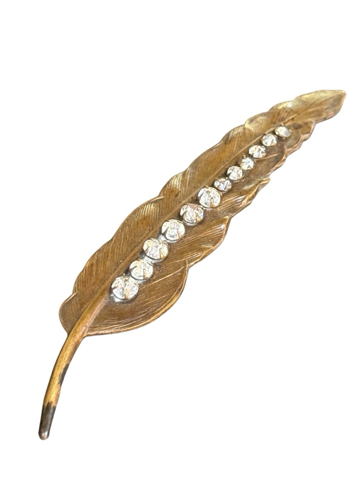 Vintage Gold Tone Feather Stick Pin Clear Rhinestone Brooch Lapel Hat Pin