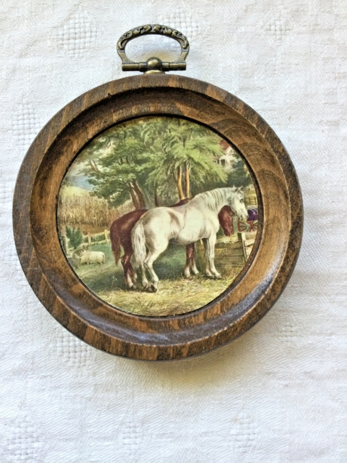 VTG Wooden Round Wall Plaque with Horses & Pig Miniature Framed Print 3.5” D