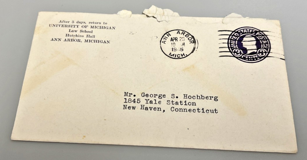 1946 University of Michigan Law School Admissions Letter in Envelope 1946 University of Michigan Law School Admissions Letter in Envelope