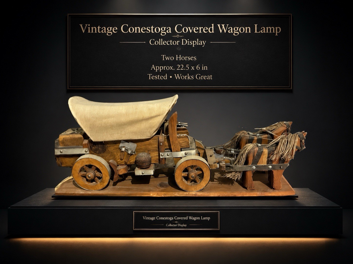 Vintage Conestoga Covered Wagon Lamp Two Horses 22.5x6  Tested Works Great Rear