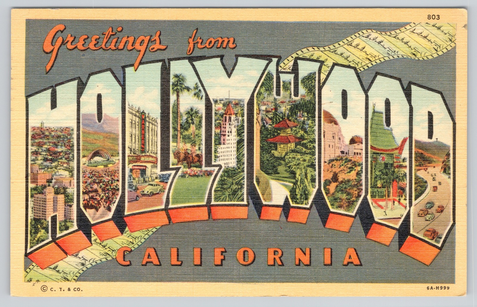 Hollywood CA Postcard Greetings from Large Letter Linen California 1948 Posted