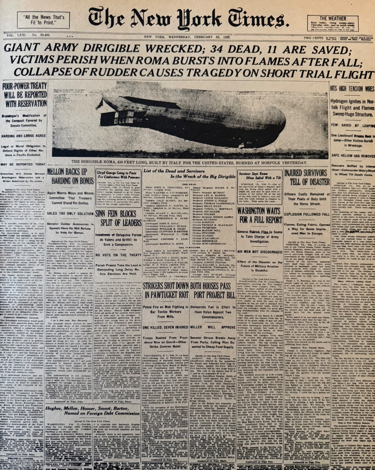 Vintage Dirigible Roma Crash 34 Dead February 1922 NEW YORK TIMES News Article