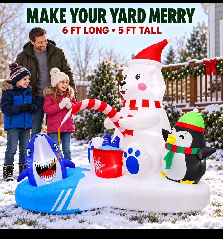 6FT Christmas Inflatable Polar Bear Penguin and Shark Sled Team WWW