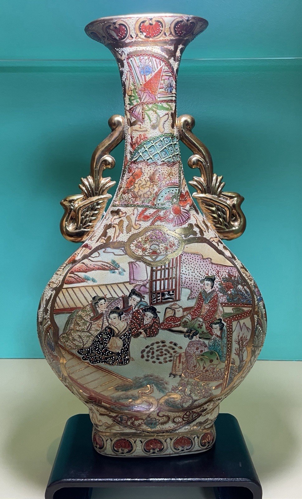 VTG Satsuma-style Hand-painted Export Porcelain Vase 20C Gold Trim