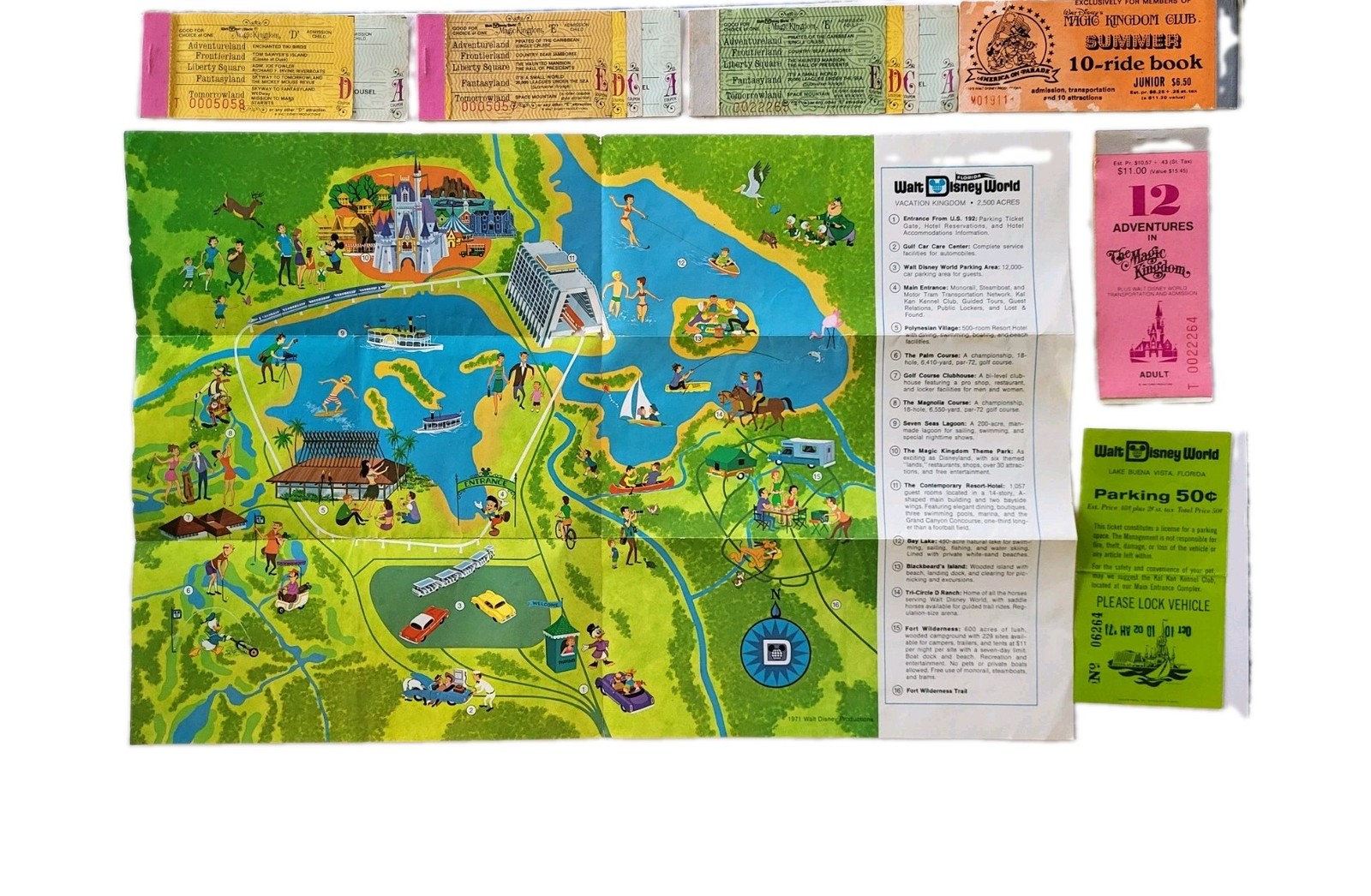 RARE Disney Collectible 1971 Magic Kingdom First Map Brochure Ticket Parking 7pc