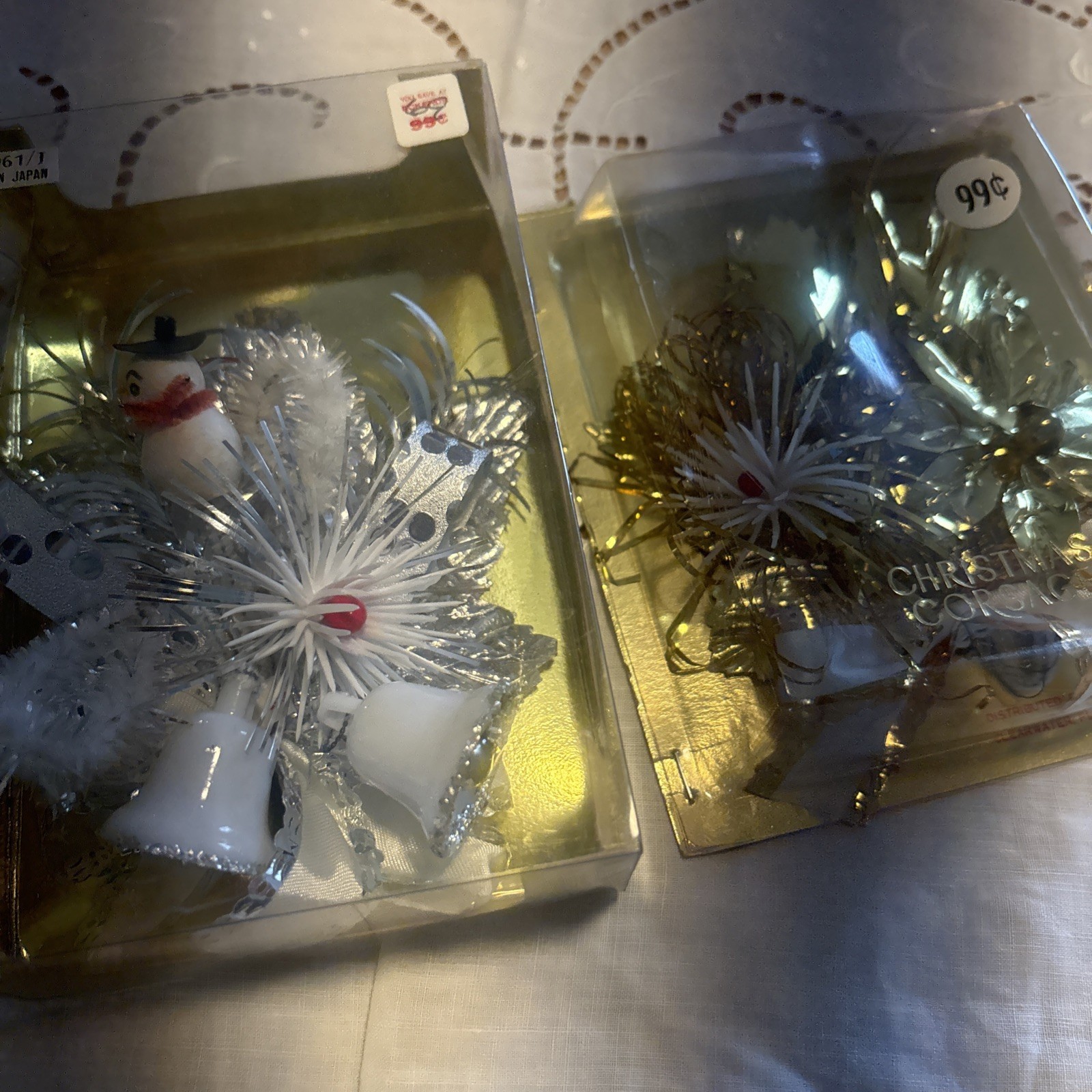 Vintage Made in Japan Christmas Ornaments Set of 2 Snowman Bells Silver Gold NOS