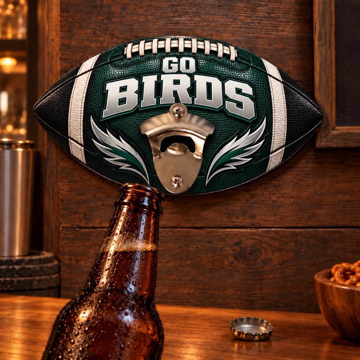 Go Birds Football Wall Bottle Opener Eagles Handmade Epoxy Wood Bar Decor