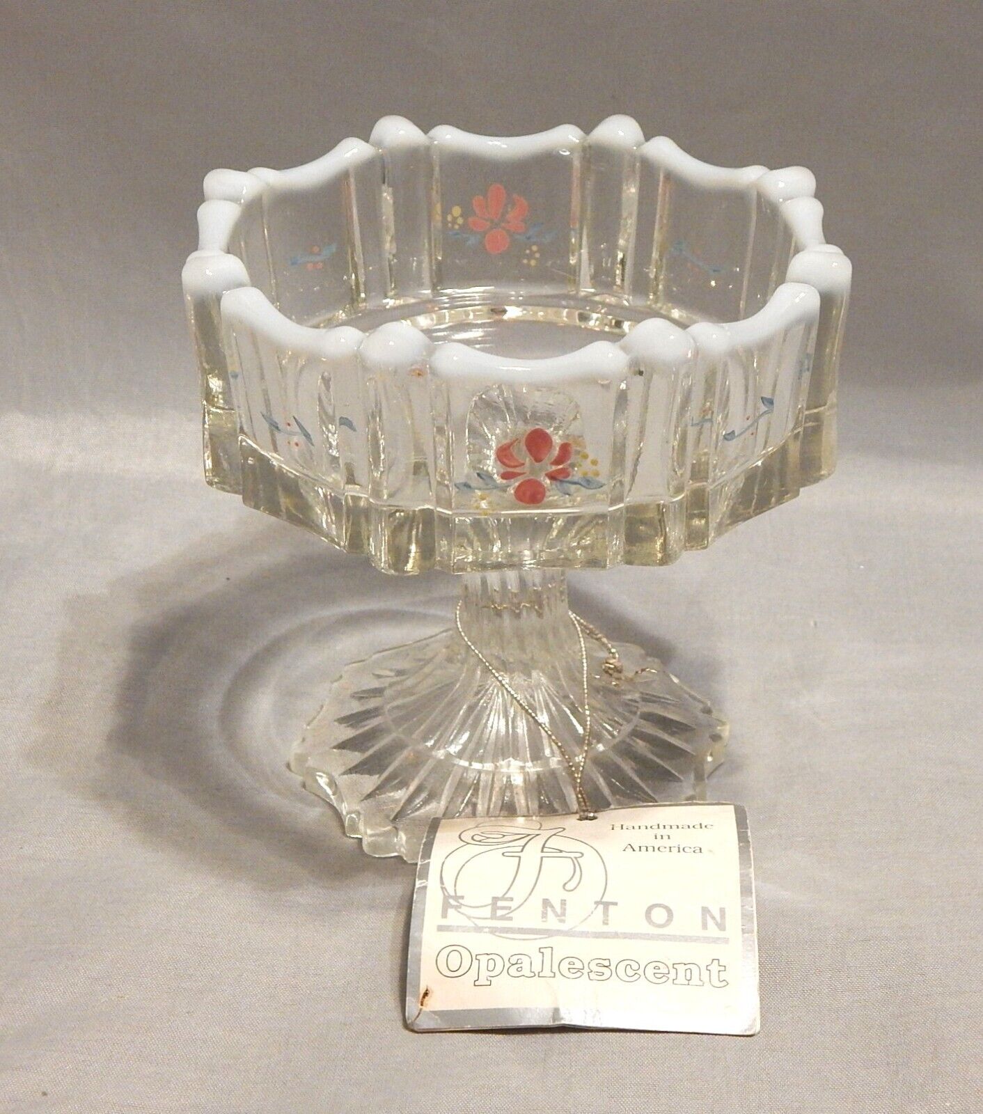 Fenton Glass Footed Opalescent Hand Painted Compote