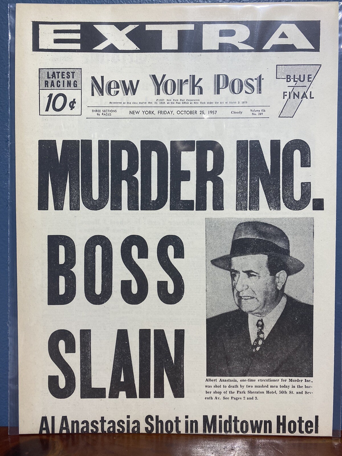 VINTAGE NEWSPAPER HEADLINE ~MURDER INC. BOSS SLAIN~ AL ANASTASIA NEW YORK 1957 ~