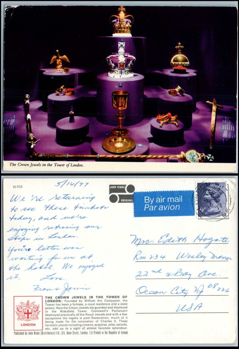 1977 Crown Jewels Tower of London UK John Hinde postcard 9p Machin stamp