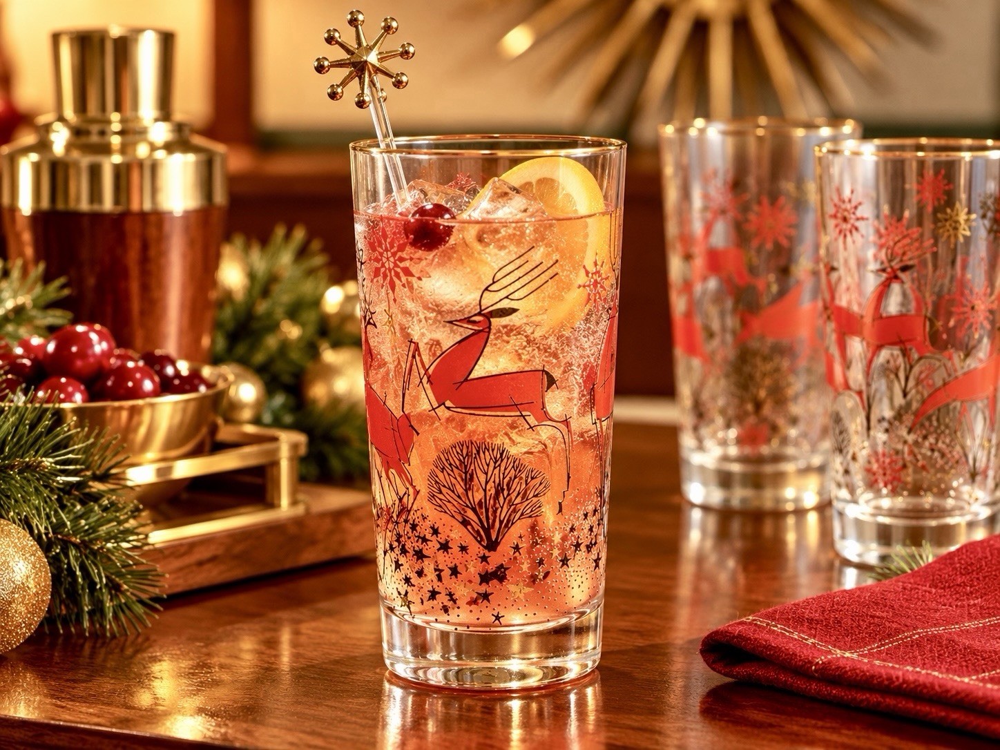 Vintage MCM Libbey Atomic Reindeer Glasses Stylized Mid Century Christmas 50s 8