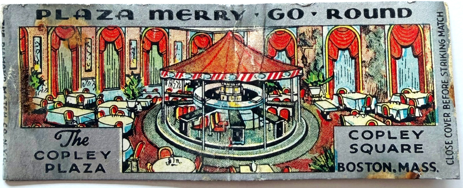 1940s Copley Plaza Hotel Matchbook Cover Merry Go Round Copley Square Boston MA
