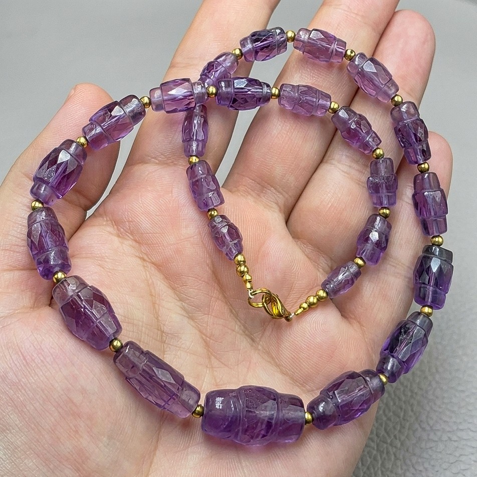 VINTAGE 1970'S CARVED AMETHYST BEAD NECKLACE Hand Carved.. Natural AMETHYST 