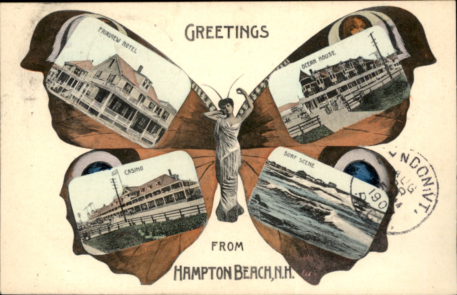 Hampton Beach NH Butterfly Souvenir Card c1900s-10s Vintage Postcard bhn