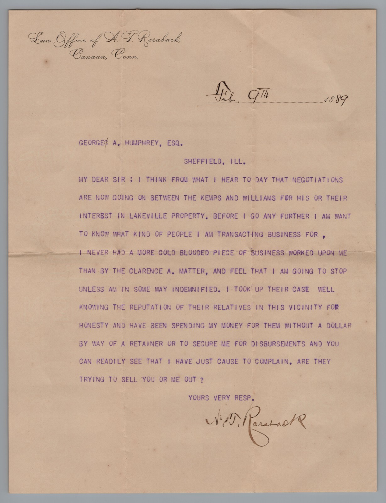 1889 A T Roraback Signed Law Letter Canaan CT Cold Blooded Business Case Drama 1889 A T Roraback Signed Law Letter Canaan CT Cold Blooded Business Case Drama
