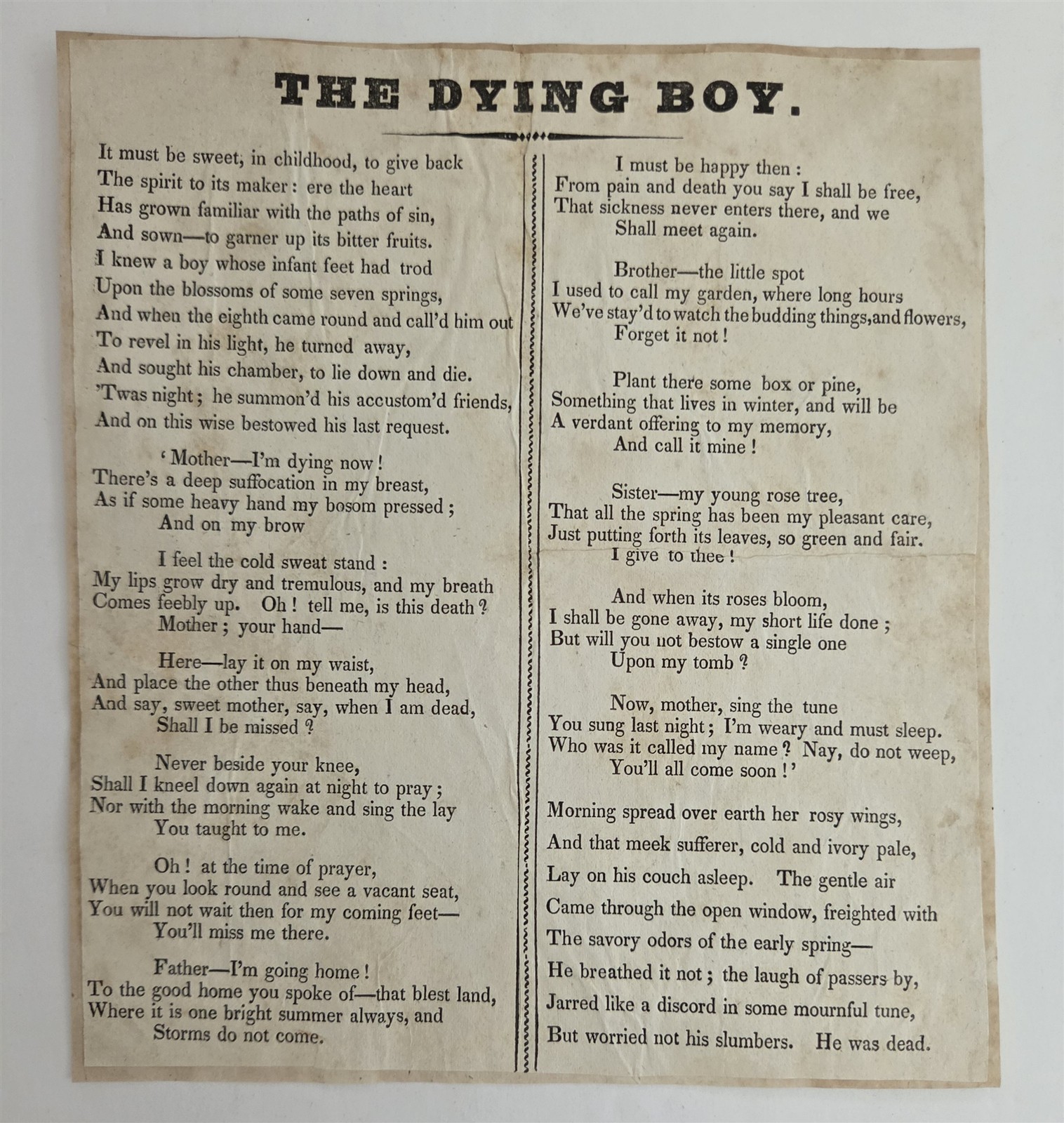 c1850 antique THE DYING BOY CHILD death mourning MEMORIAL POEM victorian