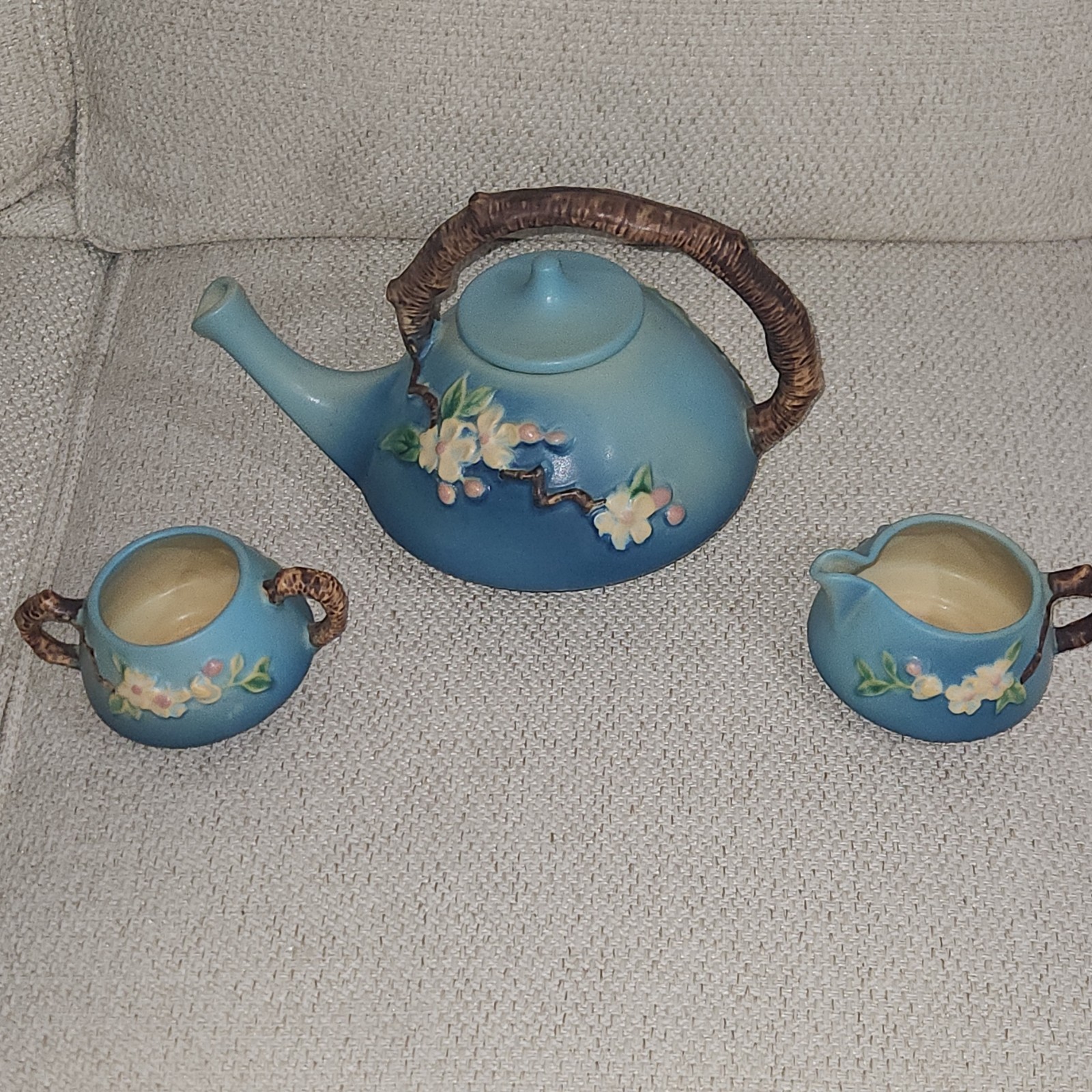 Roseville Blue Floral Glazed Ceramic Tea Set Teapot Creamer Sugar Bowl