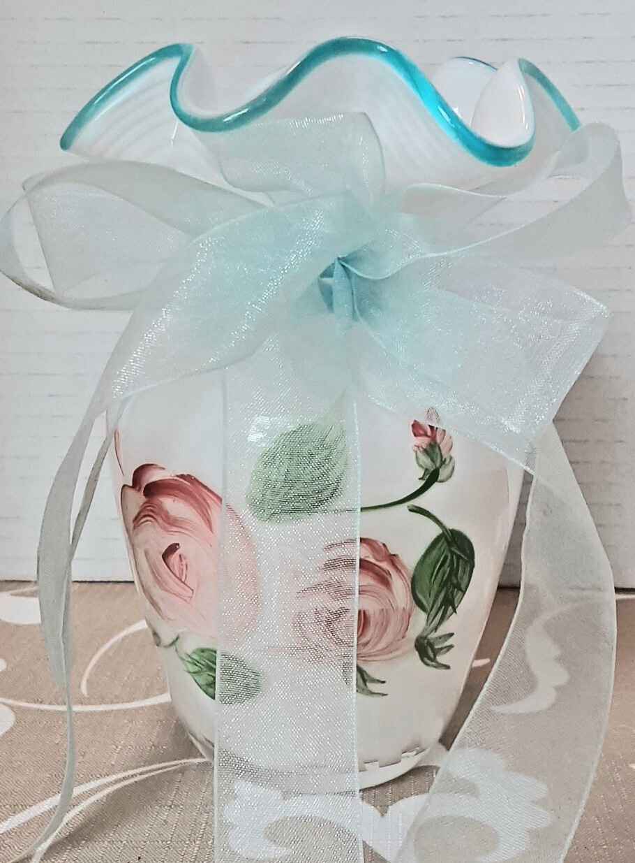 Rose Vase w/White Swirled Encased Glass, Ruffled Edge, Hand Painted - BEAUTIFUL