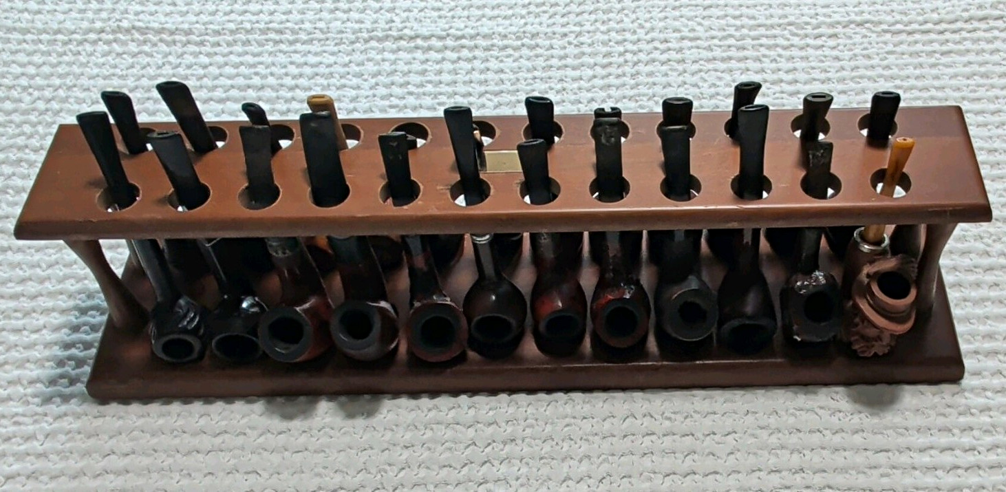 Vintage Estate Tobacco Pipe Collection Lot – Decatur Walnut 24-rack+24 Pipes