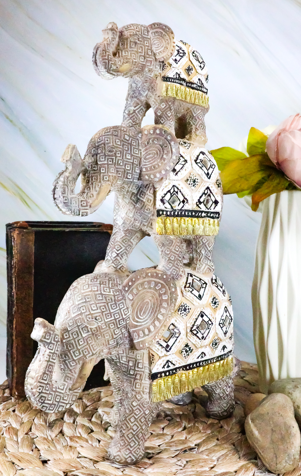 Ebros Silver Animal Totem Pole Stacked Elephant Statue W/ Unique Tapestry Design Ebros Silver Animal Totem Pole Stacked Elephant Statue W/ Unique Tapestry Design
