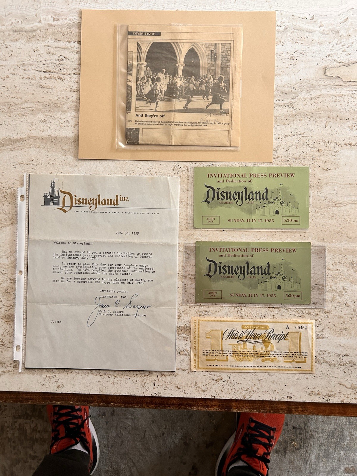 DISNEYLAND DEDICATION DAY JULY 17, 1955 W/ 2 PRESS PREVIEW,LETTER ,M.O. RECEIPT