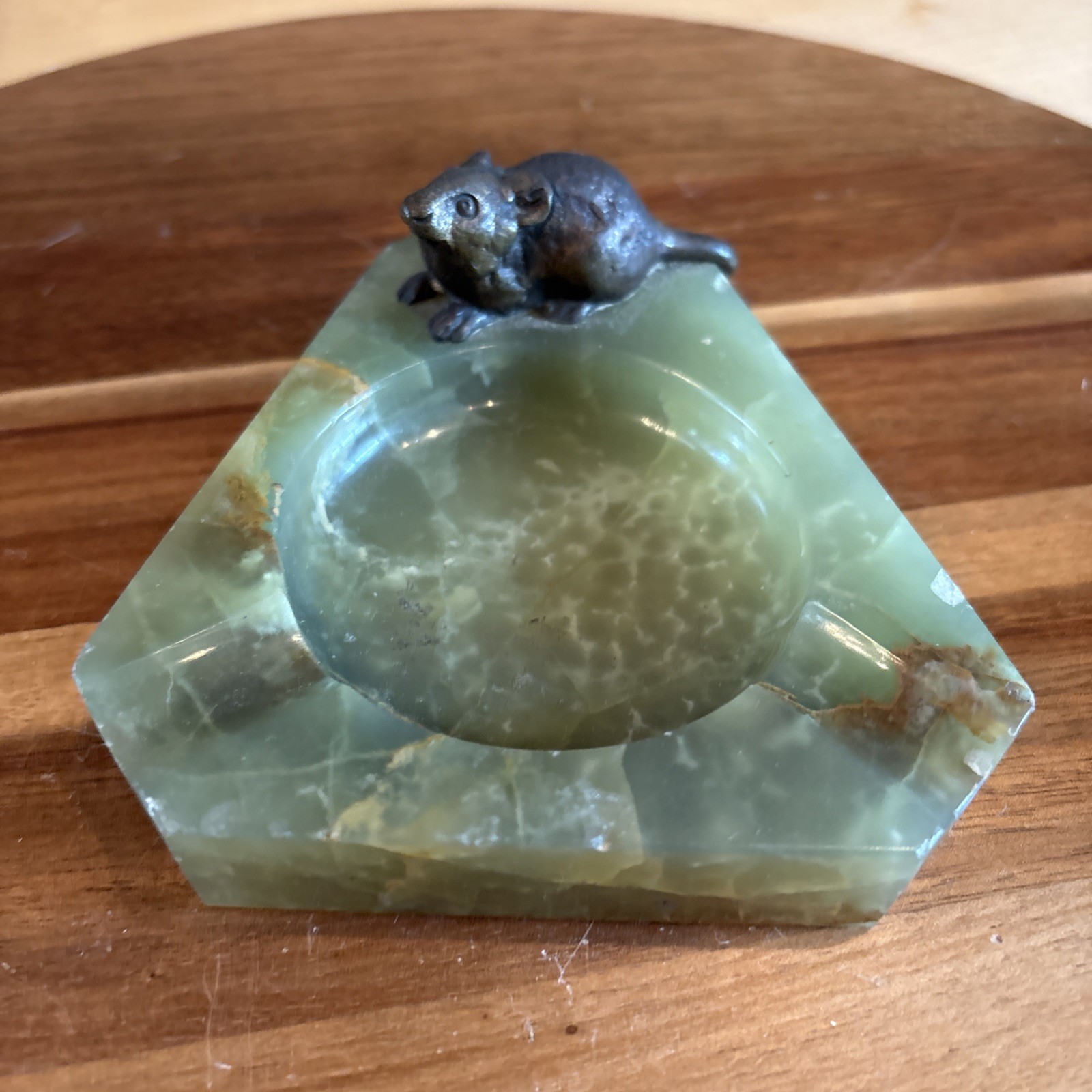 vintage green onyx ashtray w/ bronze finish mouse. vintage green onyx ashtray w/ bronze finish mouse.