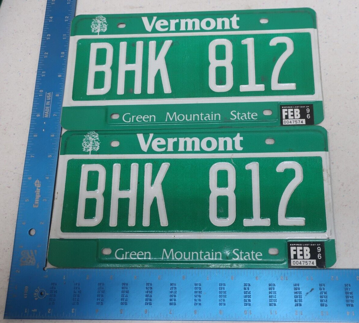 Vermont License Plate Tag 1996 96 VT Pair Set Natural Sticker BHK 812