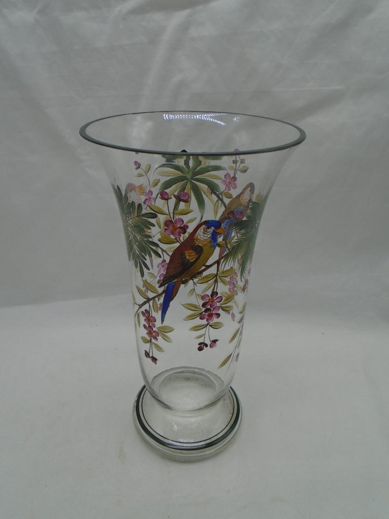 Glass Vase Hand Painted Parrots Floral Jungle 10\