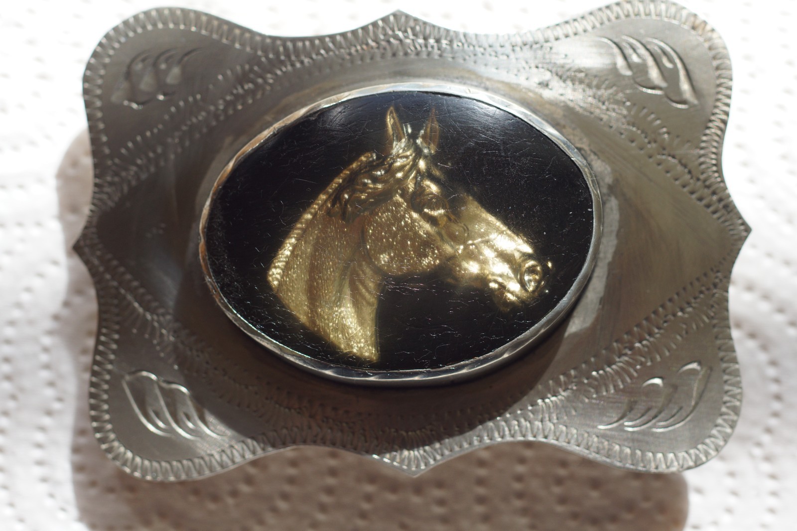 Vintage Western Flair Belt Buckle W/ A Horse Head Set in Onyx 