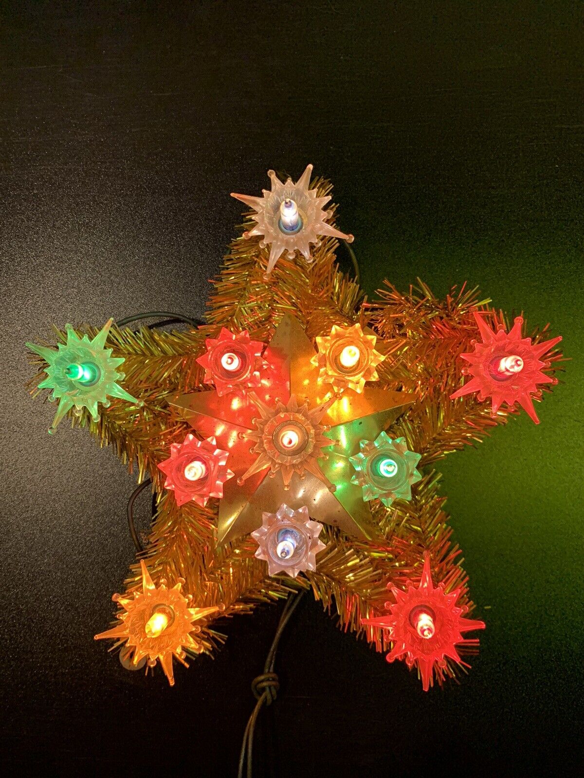 Vintage Christmas Tree Topper Star Light Up Gold Tinsel Multicolored