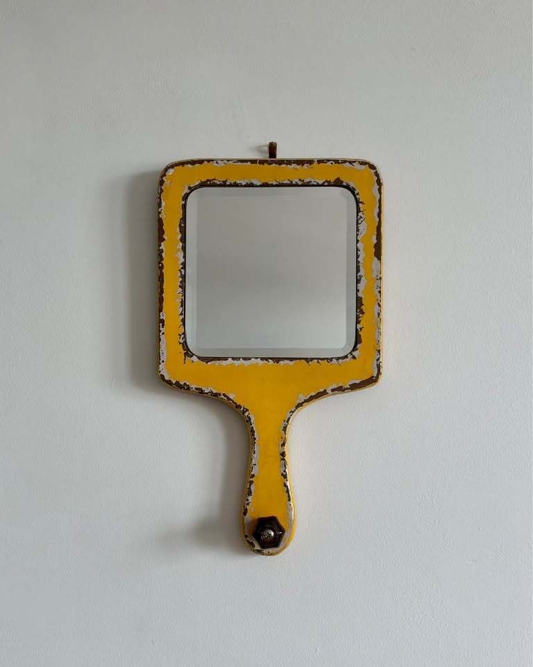 Vintage Yellow Painted Hand Mirror with Beveled Glass Vintage Yellow Painted Hand Mirror with Beveled Glass