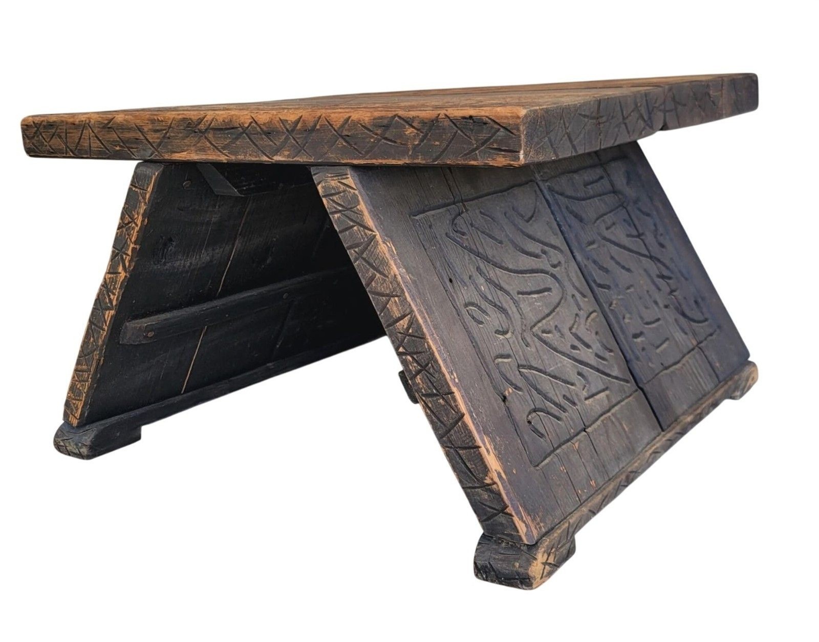 Vintage Carved Redwood African Tribal Rustic Boho Brutalist Table or Bench 24x23