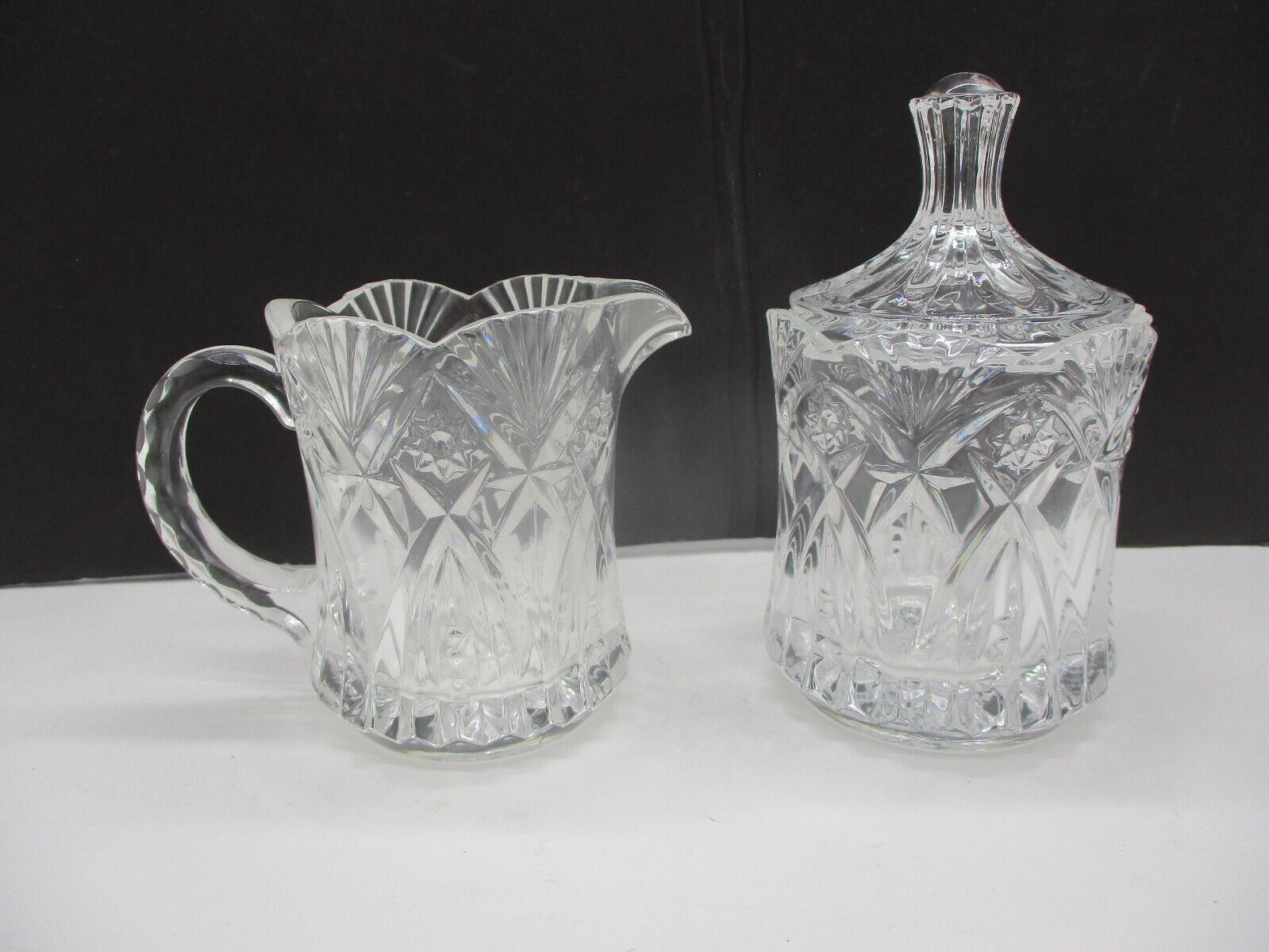 Vintage Cut Etched Glass Creamer and Sugar