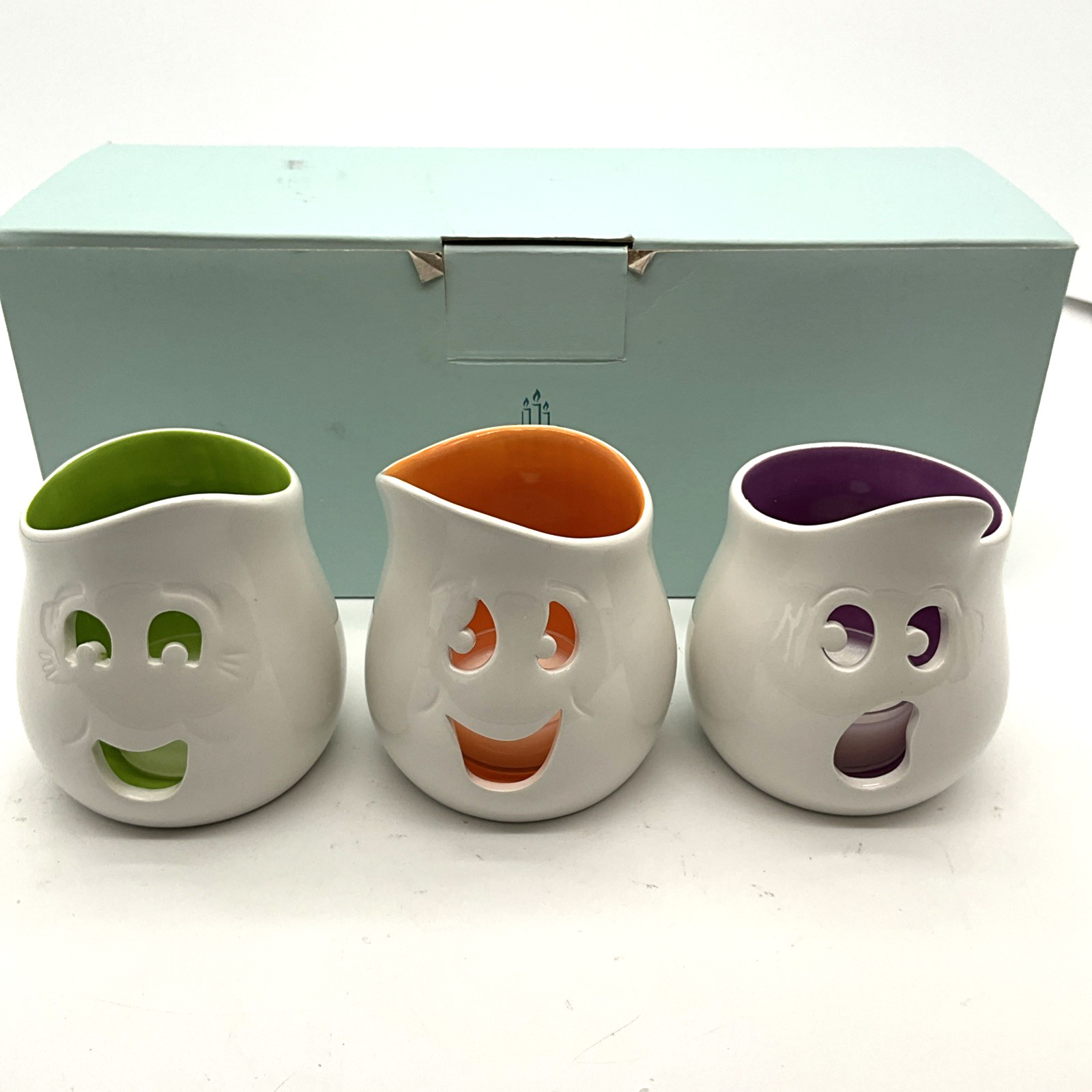 PartyLite Ghouly Tealight Holder Trio P9063 Halloween Ghost Ceramic Set w/ Box PartyLite Ghouly Tealight Holder Trio P9063 Halloween Ghost Ceramic Set w/ Box