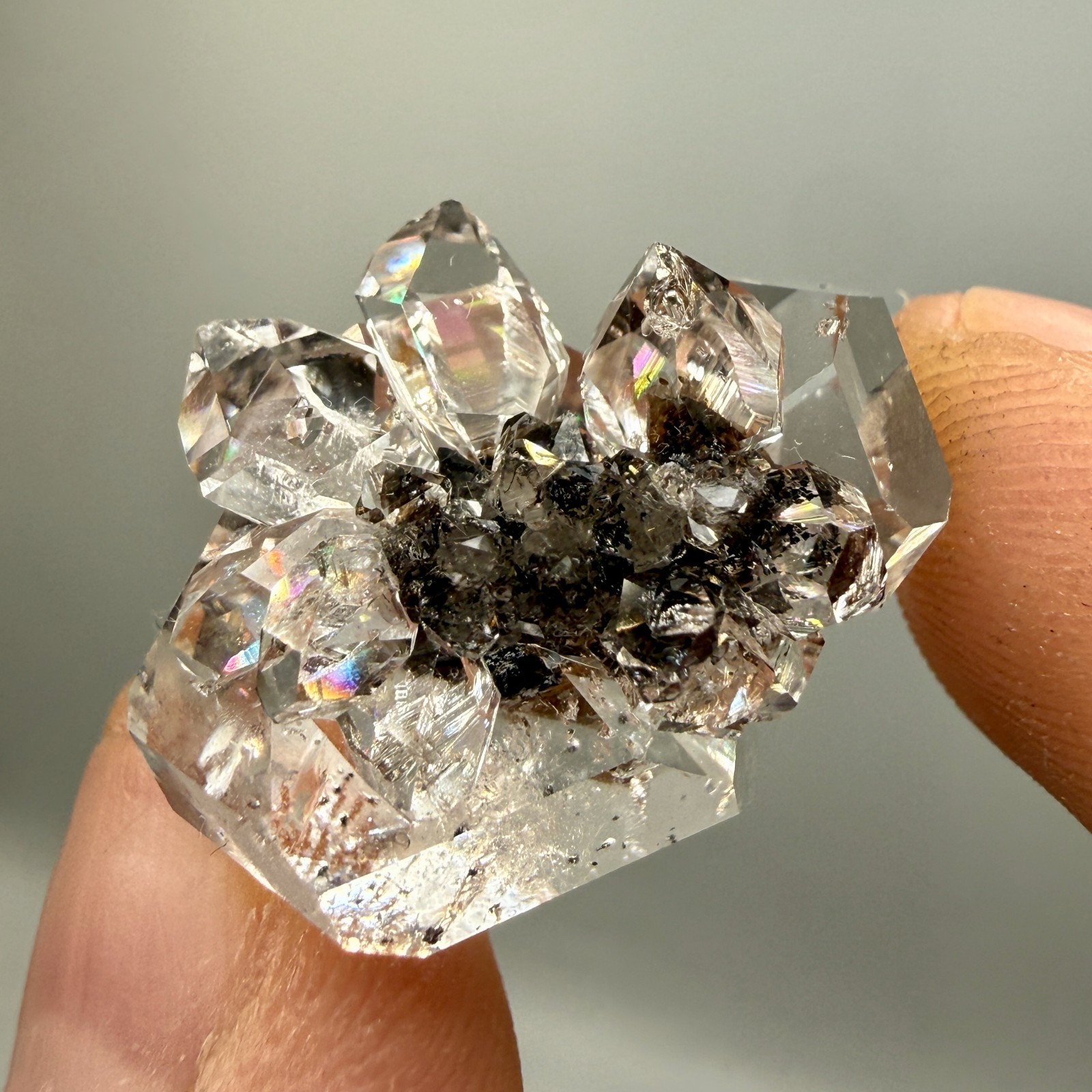 Herkimer Diamond Gem Cluster on Black Druze w/ Rainbows, Hydrocarbon Phantoms