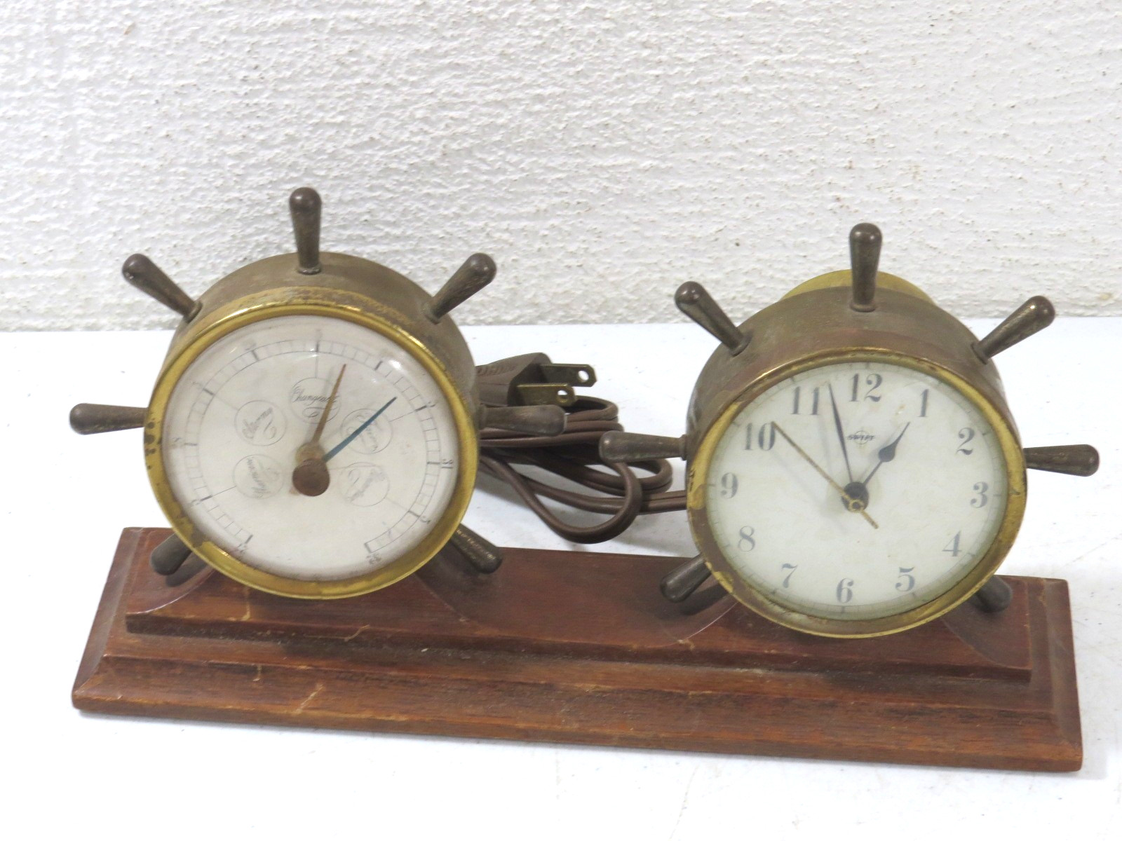 Vintage Swift Anderson Brass Ship Wheel Barometer Clock Combo Clock Works