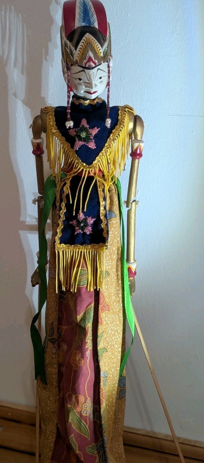 Vintage Indonesian Wayang Golek Wooden Rod Puppet Hand Carved Batik With Stand