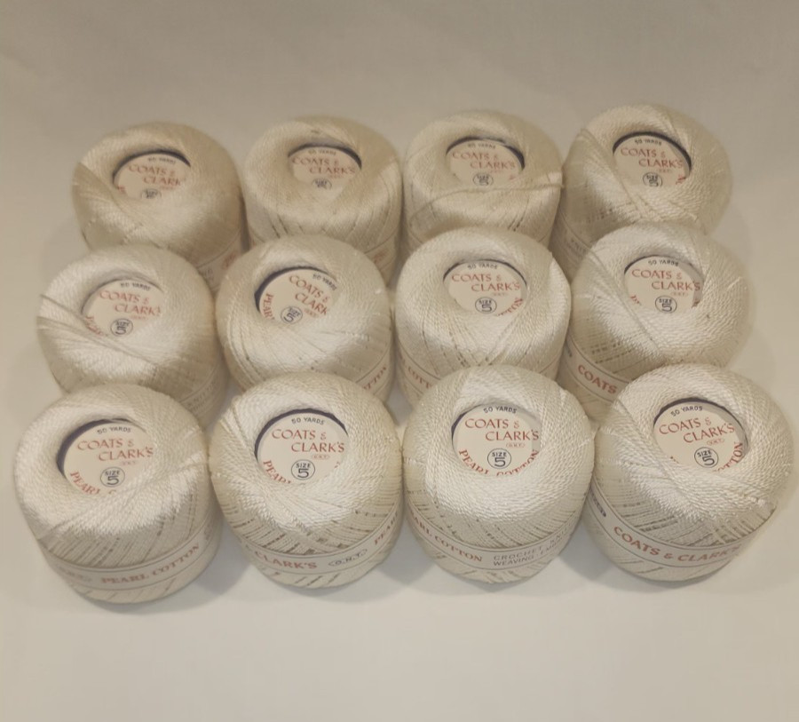 VTG Coats & Clark\'s Thread Size 5 Pearl Cotton 50 Yds Each White 12 Rolls NOS VTG Coats & Clark\'s Thread Size 5 Pearl Cotton 50 Yds Each White 12 Rolls NOS