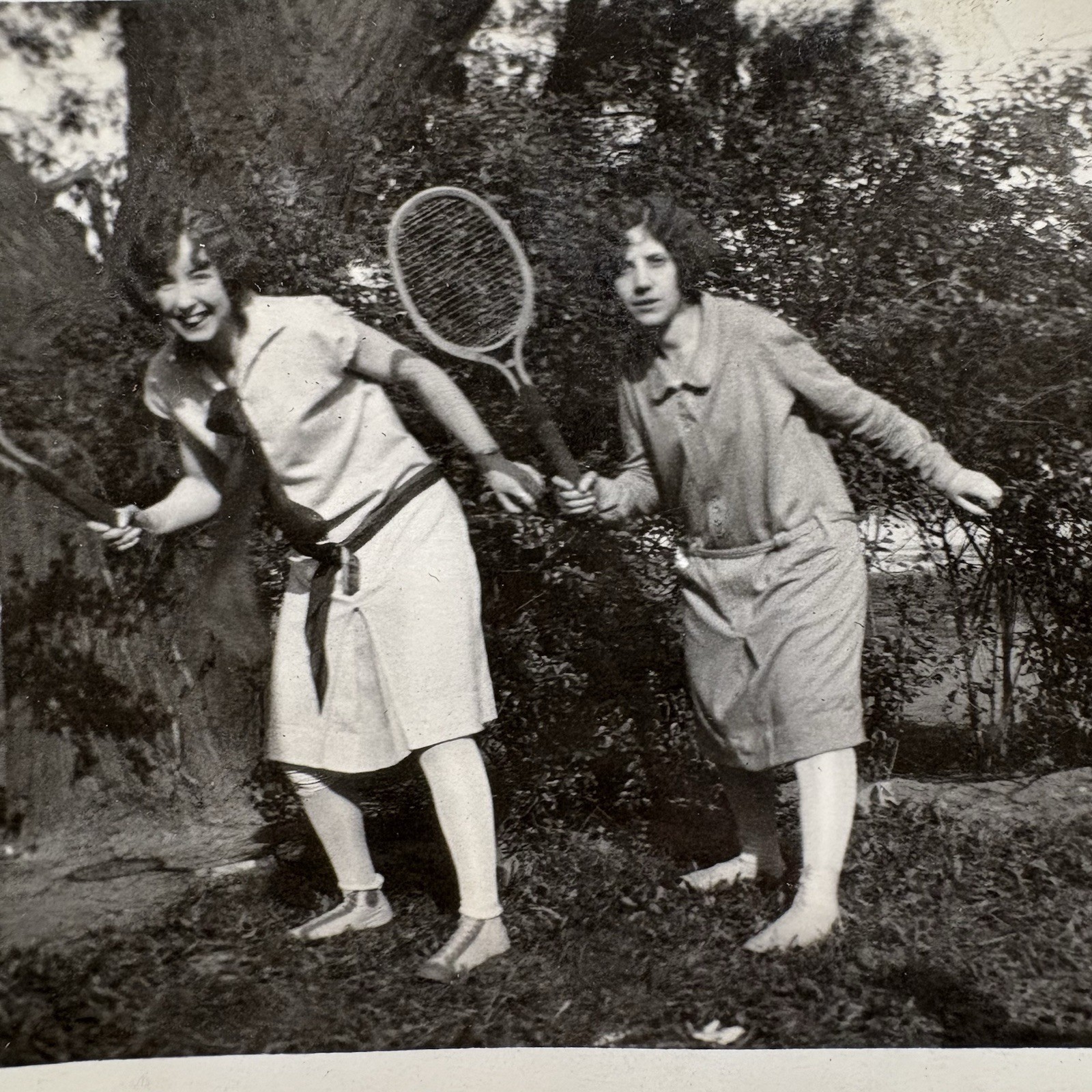 Vtg Photo Snapshot Two Women Ladies With Tennis Rackets Fun Pose 1920s Picture