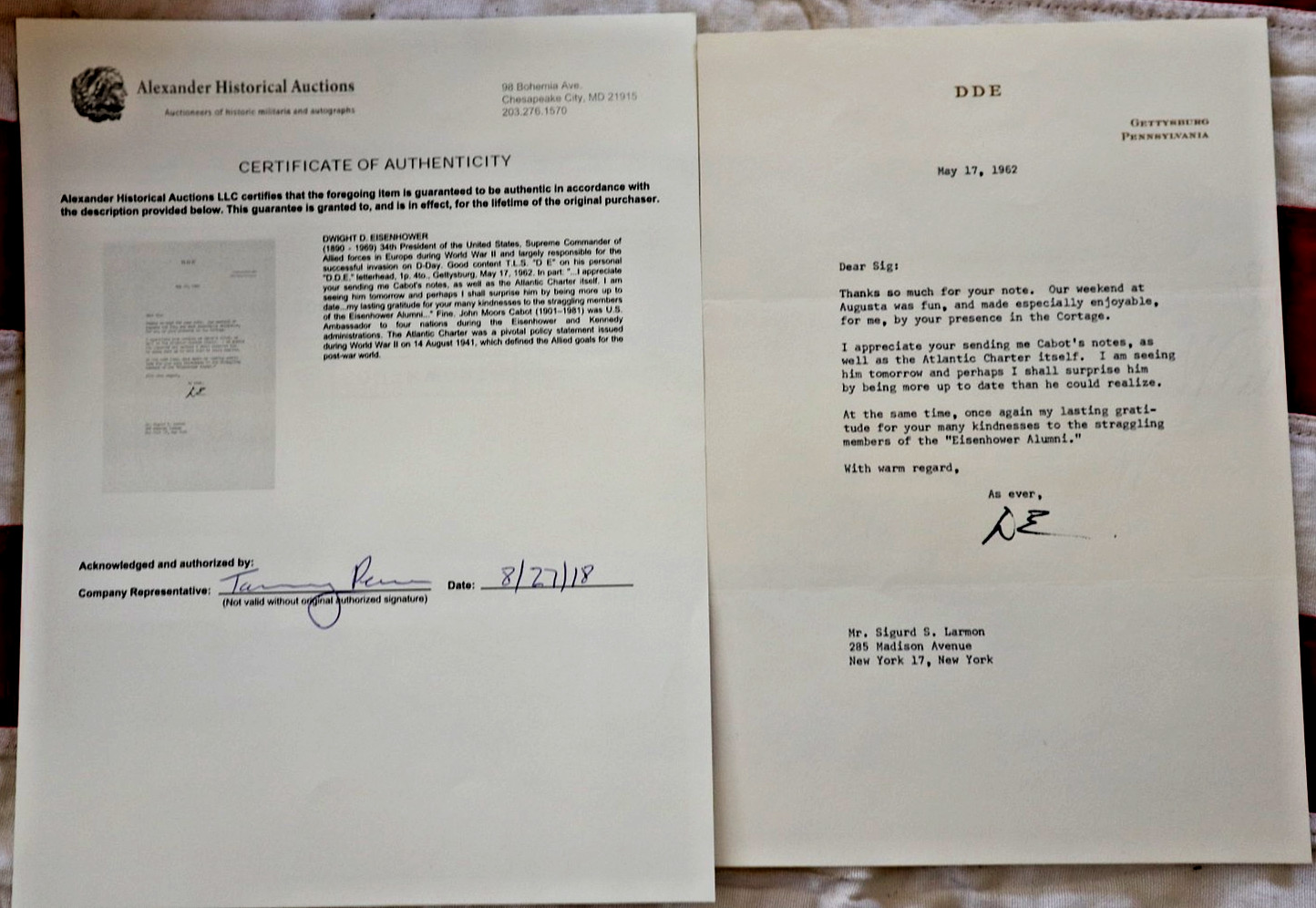 DWIGHT D. EISENHOWER SIGNED LETTER RE JOHN CABOT NOTES DATED 1962, COA.