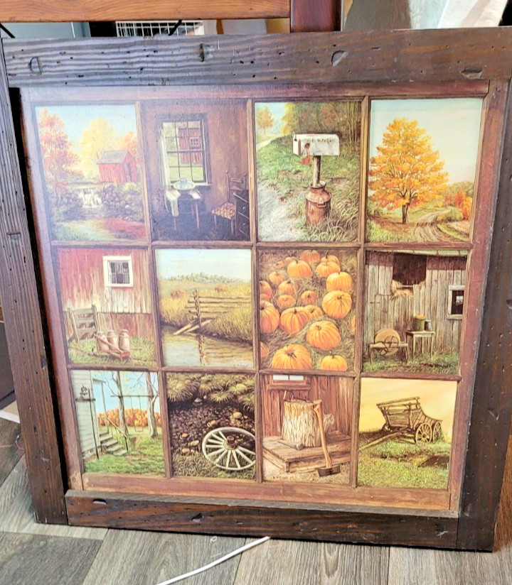 vintage 12-panel rustin window pane by HOMCO fall harvest painting by B. Mitchel