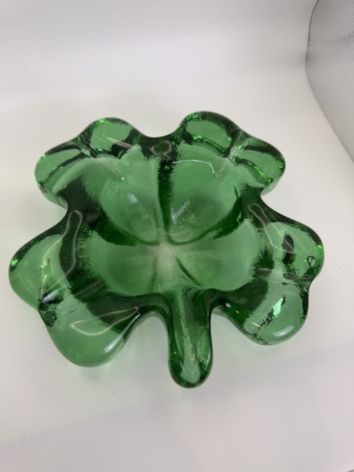 Vintage Heavy Green Art Glass Ashtray 7.5” Large Emerald Green MCM Cigar